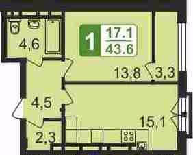 Однокомнатная квартира 43.6 м²
