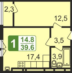 Однокомнатная квартира 39.6 м²