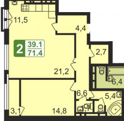 Двухкомнатная квартира 71.4 м²