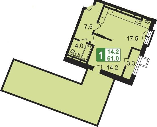 Однокомнатная квартира 61 м²